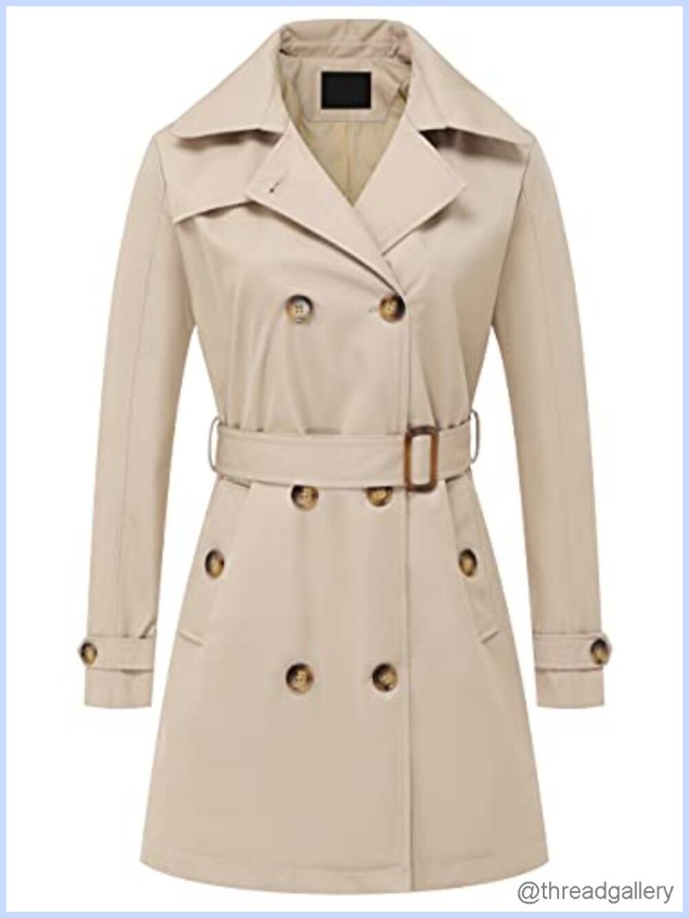 Women's Double Breasted Trench Coat Mid-Length Belted Overcoat with Detachable